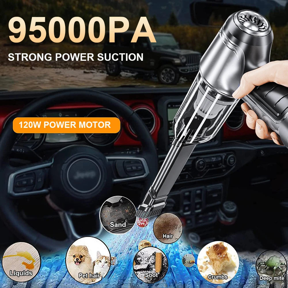 Aspirateur portable sans fil pour voiture et maison, mini nettoyeur, souffleur haute puissance, aspiration de bain, 95000PA