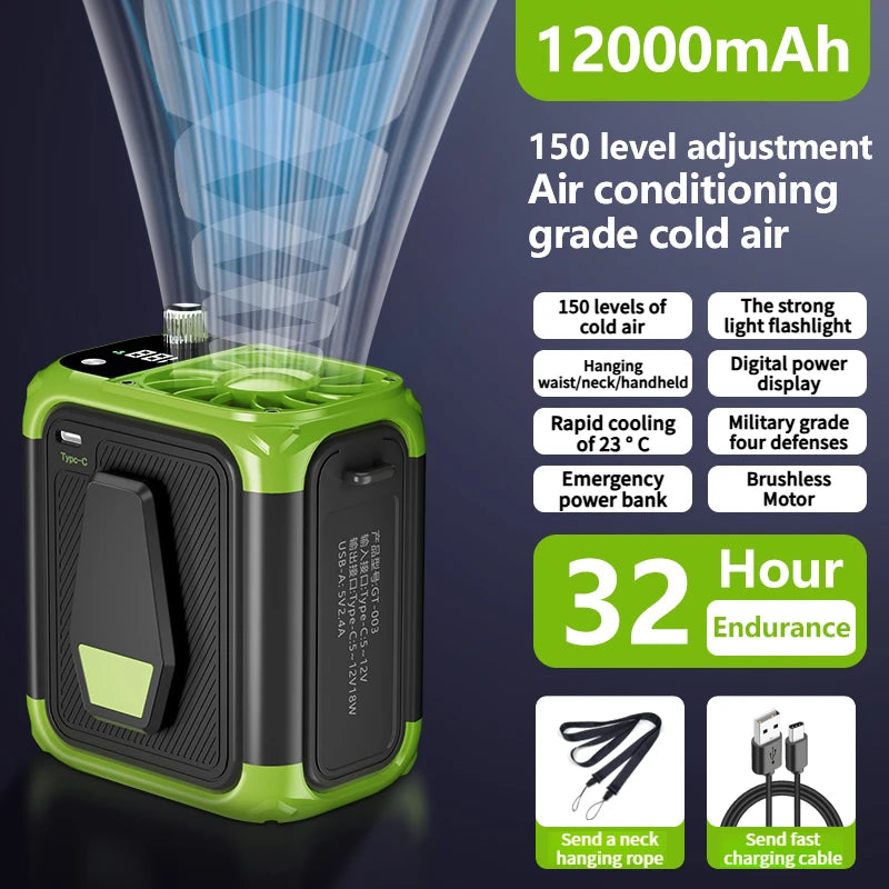 Mini ventilateur de taille à grande vitesse, ventilateur de cou suspendu USB sans lame, ventilateur d'affichage numérique d'éclairage de puissance mobile multifonctionnel extérieur