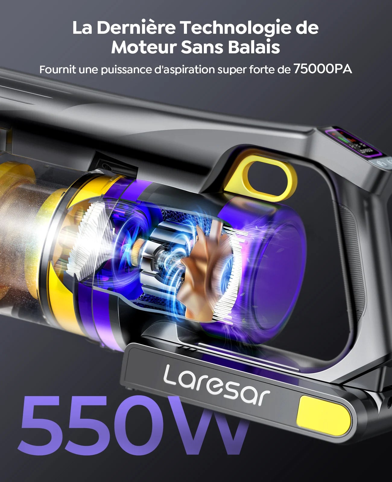 Laresar X11-Aspirateur sans fil 550W, puissance d'aspiration 55000PA, godet à poussière pour maison intelligente, autonomie de 60 minutes, jeu de filtres 3 pièces