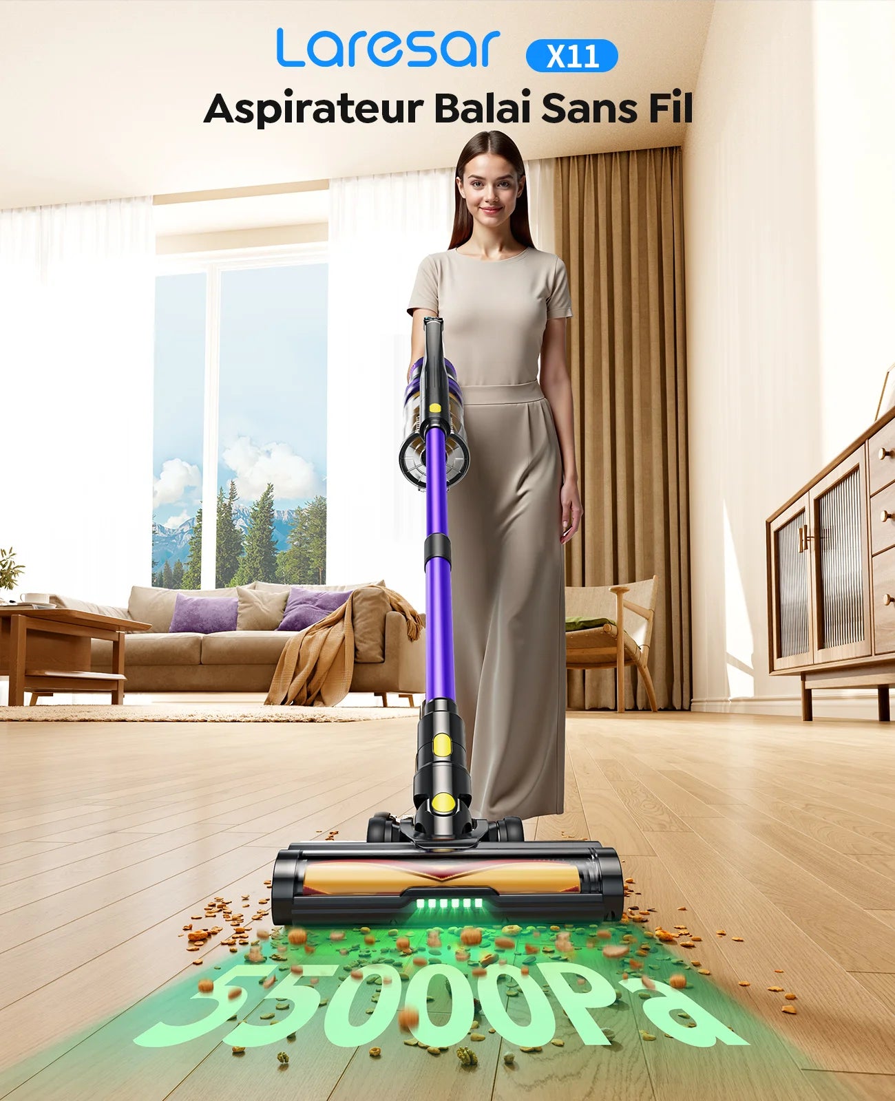 Laresar X11-Aspirateur sans fil 550W, puissance d'aspiration 55000PA, godet à poussière pour maison intelligente, autonomie de 60 minutes, jeu de filtres 3 pièces