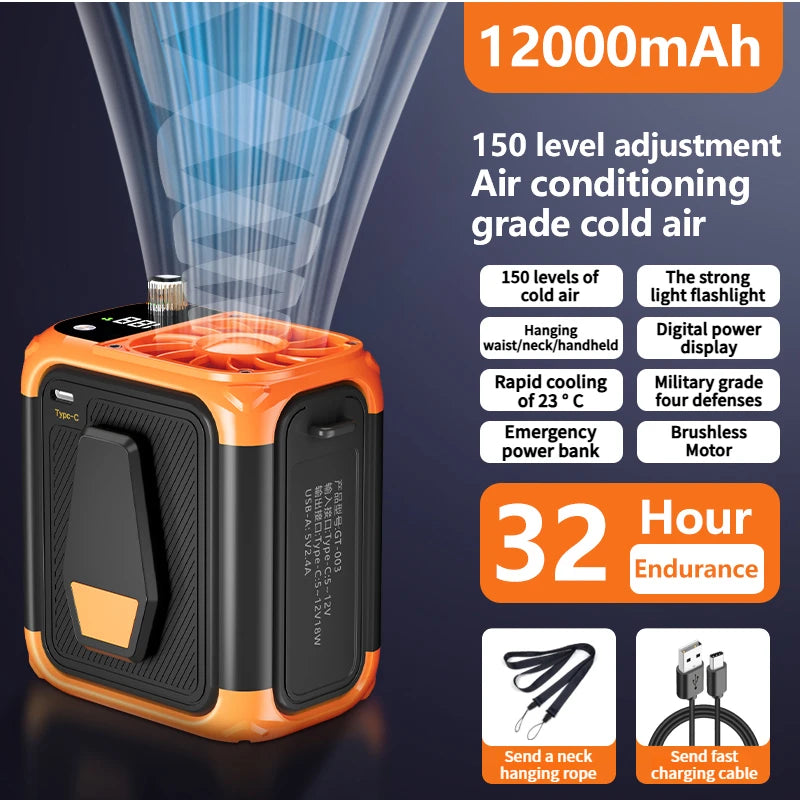 Mini ventilateur de taille à grande vitesse, ventilateur de cou suspendu USB sans lame, ventilateur d'affichage numérique d'éclairage de puissance mobile multifonctionnel extérieur